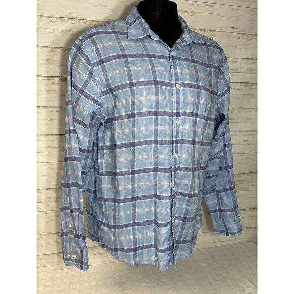 UNTUCKit BELMONT WR Shirt Men Size XL Slim Fit 100% Linen Blue Plaid Long Sleeve